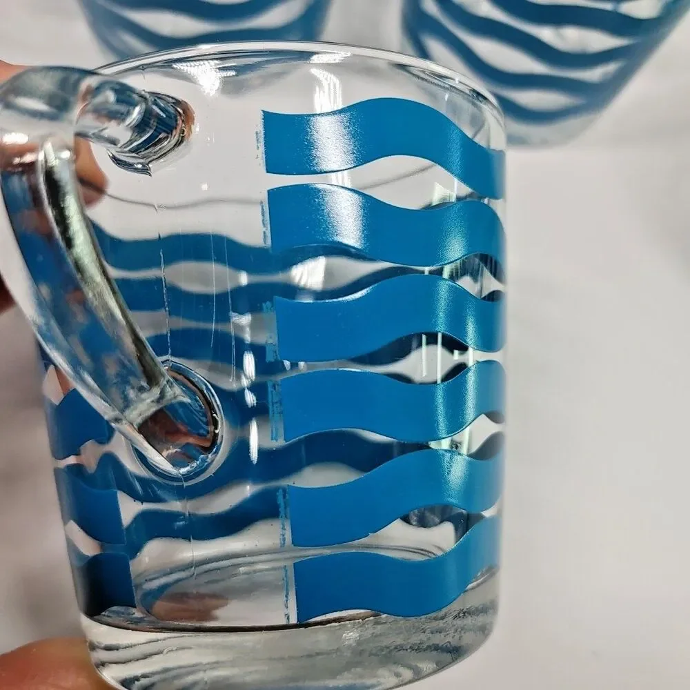 IKEA Satsning Glass Mugs/Cups Set- 6 Retired Blue Waves Stripes 3.5